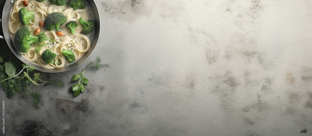 Aufkleber pasta with green vegetables and creamy sauce in copper saucepan grey stone background top view. copy