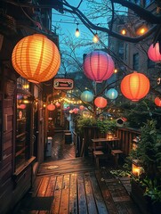A walkway with lanterns hanging from the trees