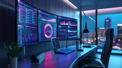 A modern trading desk setup with multiple monitors displaying financial charts and data in a high-rise office environment.