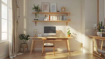 A white room with a desk and chair, a potted plant, and a computer monitor