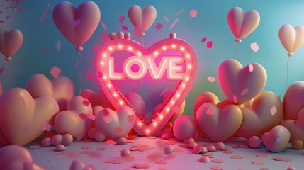 Neon Sign saying Love with pink hearts shape