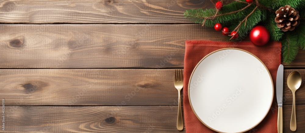 Poster empty plate with cutlery and napkin on a old wooden white background christmas table setting top vie