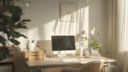 A clean and organized office space with a large window and a potted plant