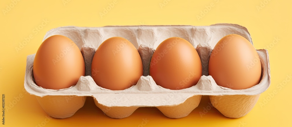 Poster overhead view of brown chicken eggs in an open egg carton isolated on yellow fresh chicken eggs back