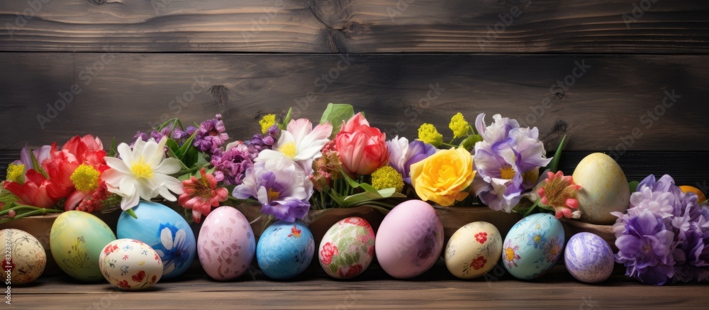 Aufkleber happy easter celebrate with a delightful display of easter eggs adorned with blooming spring flowers
