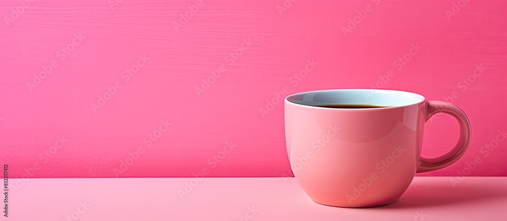 Aufkleber cup of coffee on pink background top view space for text. copy space available