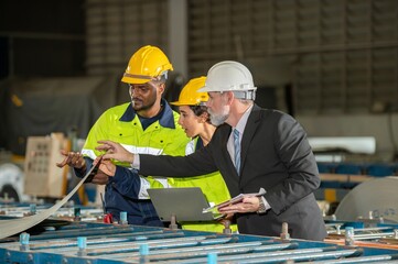 woman engineer assistant secretary in helmet inspection check control heavy machine construction...