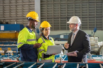woman engineer assistant secretary in helmet inspection check control heavy machine construction...