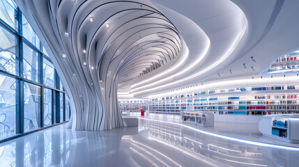 A large white building with a spiral design and a lot of books