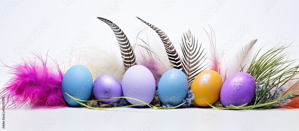 Poster easter composition with traditional decor small decorative colorful eggs and soft feathers on white 