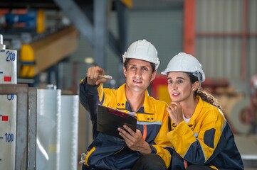 Factory apprenticeship. Man mentor teaching Female employees trainee operating machine looking monitors and check Production process machinery. foreman explaining woman engineer control machine .