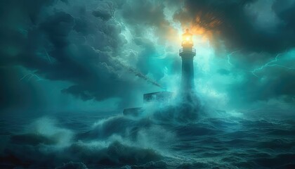 Futuristic lighthouse with holographic beacon in a cyberpunk storm, cool hues, scifi, 3D rendering, innovative and surreal,