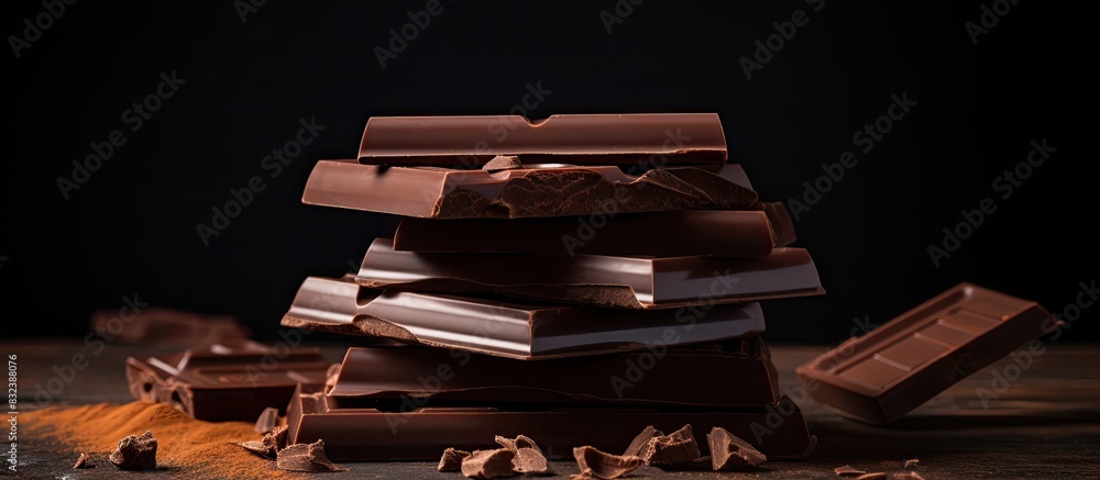 Aufkleber chunks of broken chocolate stacked on black board chocolate bars pieces stack on black background sw