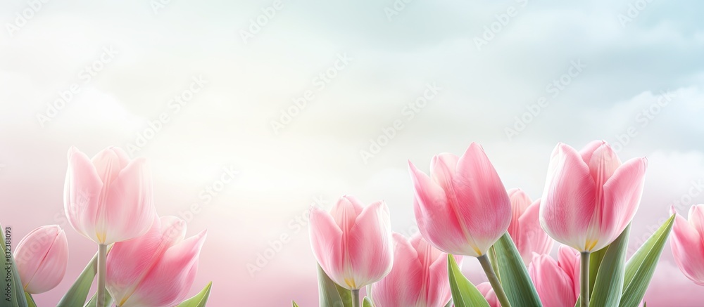 Poster a pink spring card featuring a beautiful image of tulips copy space image