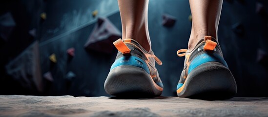 Cropped frame of female foot in climbing shoes and hands covered with magnesia powder sitting in bouldering gym. copy space available - Powered by Adobe