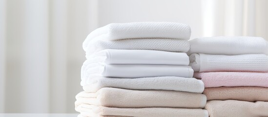 home textiles A stack of towels lies on a white bed. copy space available - Powered by Adobe