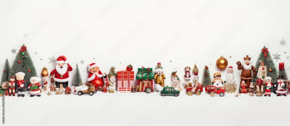 Poster christmas decorative composition of toys on a white table background top view flat lay. copy space a