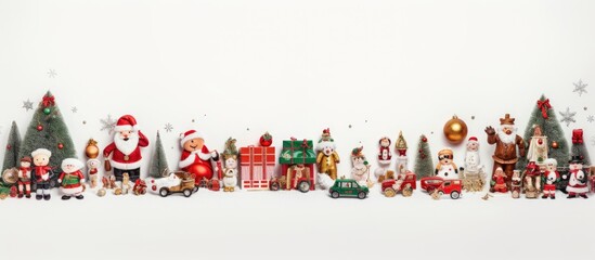 Christmas decorative composition of toys on a white table background Top view Flat Lay. copy space available