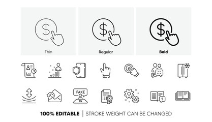 Reject certificate, Resilience and Phone protection line icons. Pack of Instruction manual, Stats, Work icon. Buy currency, Cursor, Touchscreen gesture pictogram. Send mail, Education. Vector