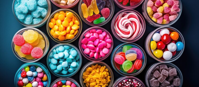 different colored round candy in bowl and jars Top view of large variety sweets and candies with copy space