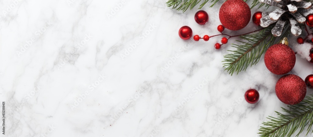 Aufkleber Christmas flatlay background with fir tree brunch and red decorations on white stone background Long banner format with empty space for your design. copy space available