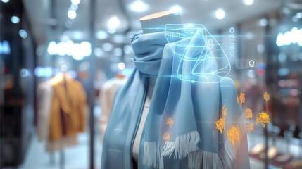 A smart scarf displayed in a fashion store, integrated with pollution filters and climate control capabilities, stylishly designed for urban commuters.