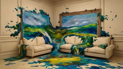 Moderne kunst schilderij over sofa, 3D render