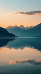 Serene mountain landscape reflecting in calm lake water at sunset, with misty peaks and a soft, colorful sky.