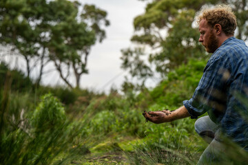 regenerative organic farmer, taking soil samples and looking at plant growth in a farm. practicing...