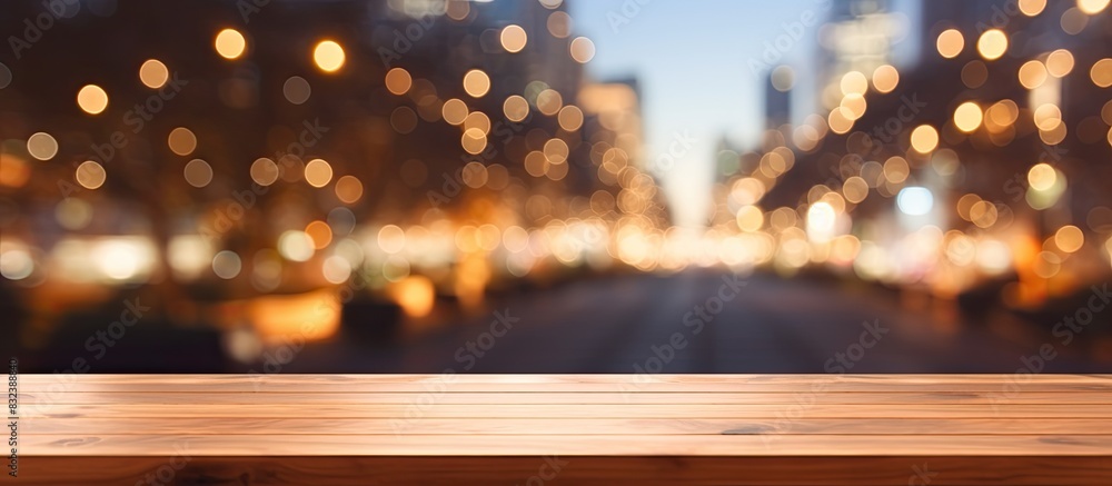 Poster the background is an empty wooden board and a wall of blurred bokeh lights for product demonstration