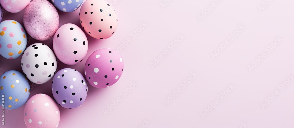 Aufkleber bunch of colorful tie dye and polka dot painted easter eggs on pale pink paper background with a lot