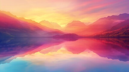 Vivid sunrise over tranquil lake with colorful sky and mountain silhouette reflecting on calm water, creating a serene and magical landscape.