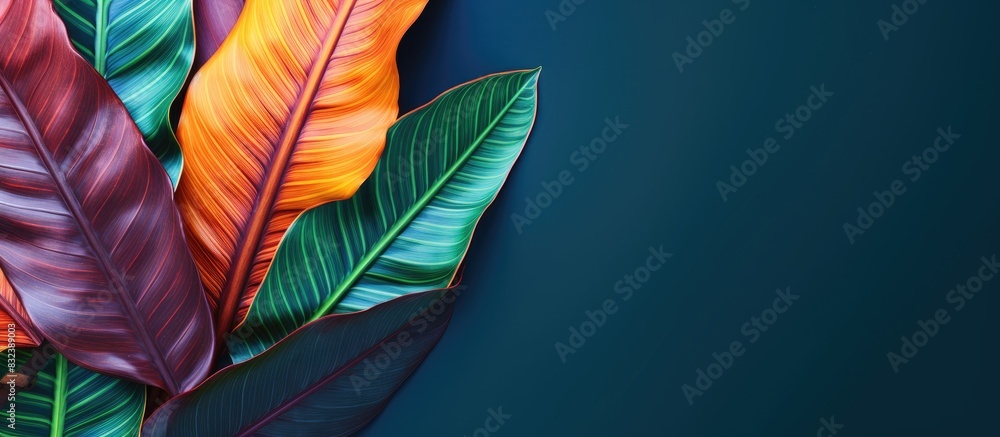 Poster Leaf of tropical codiaeum plant on color background top view with space for text. copy space available