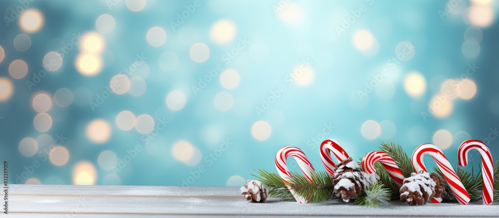 Poster beautiful christmas composition with candy canes fir tree branches and space for text on light blue 