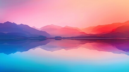 Fototapeta premium Breathtaking mountain landscape at sunset, with vibrant colors reflecting in the calm lake, creating a serene and picturesque view.