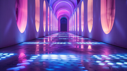 Abstract shapes illuminated with vibrant purple and blue lights on a reflective floor