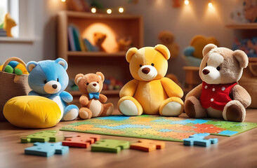 Playroom for children with soft teddy bears and toys