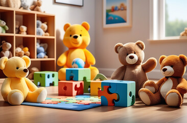 Playroom for children with soft teddy bears and toys