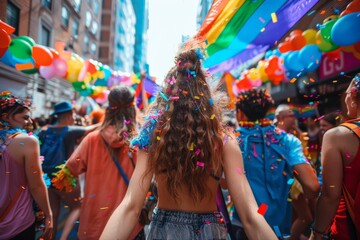 Back view of a young woman with colorful confetti in hair at a pride parade. balloons and a rainbow flag, capturing the celebratory atmosphere. Perfect for Pride Month and LGBTQ+ events.