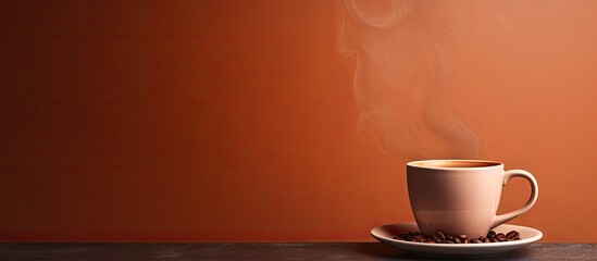 warm cup of coffee on brown background. copy space available