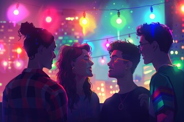 Animated diverse young adults celebrating pride at night. Vibrant neon lights, rainbow decorations, joyful expressions. Unity and love highlighted in this lively and colorful celebration LGBTQ pride.