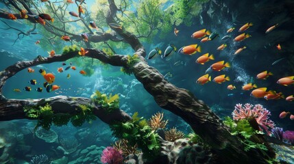 Colorful underwater coral reef with fish for marine life themed designs