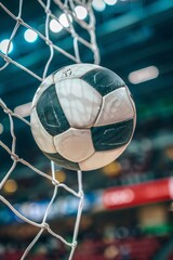 Naklejka premium Close up of handball goal celebration as ball hits net at summer olympics, sport concept