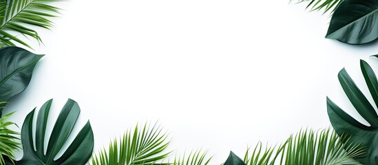 Tropical leaves summer concept frame on the white background Top view Copy space