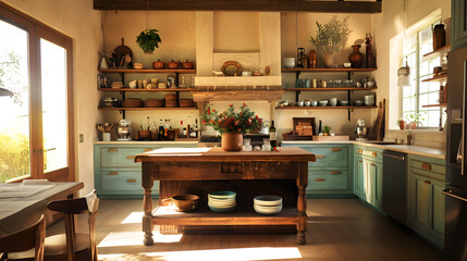 A kitchen with a wooden island and a black stove