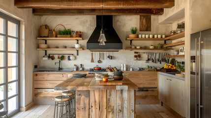 A kitchen with a wooden island and a black stove