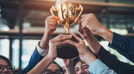 Happy worker team in office holding a golden trophy to celebrate succession of a big project. Business teamwork concept.
