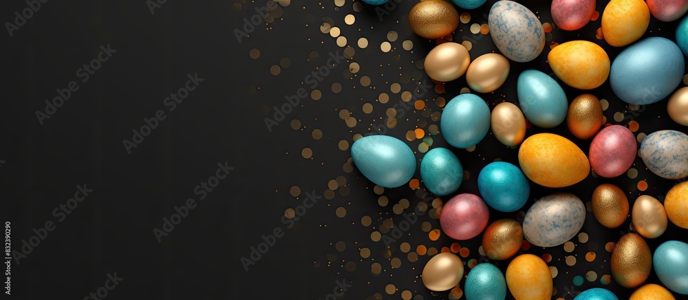 Poster easter background with golden and colored eggs happy easter background top view high quality photo. 