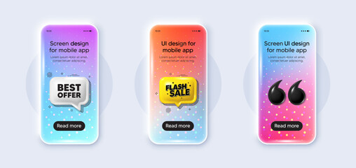 Obraz premium Phone 3d mockup gradient screen. Best offer tag. Special price Sale sign. Advertising Discounts symbol. Best offer phone mockup message. Flash sale chat speech bubble. Yellow text box app. Vector