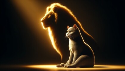 Inspirational image of a cat sitting with a shadow of a lion behind it, symbolizing inner strength, confidence, and self-belief.